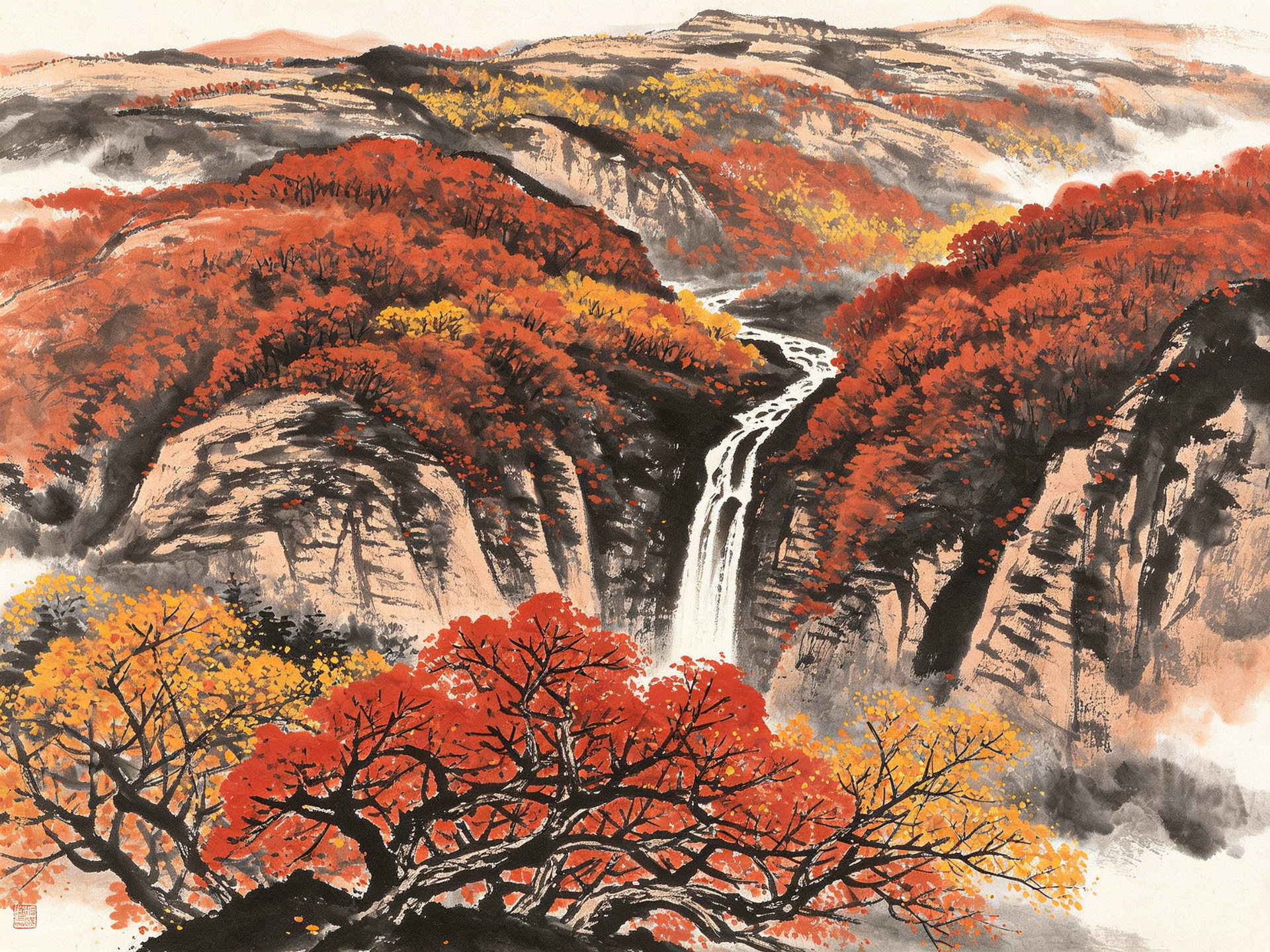 彩墨山水画:深秋层林尽染,红叶满山,溪流蜿蜒