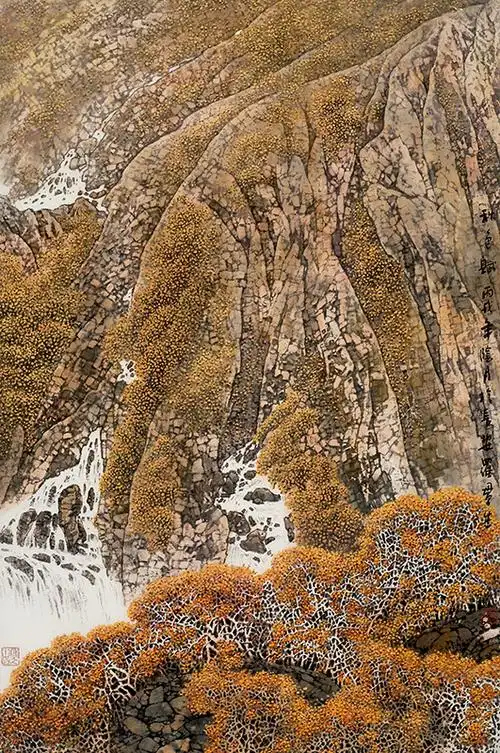 青绿山水画:青山叠翠,碧水环绕,一叶扁舟行于江上
