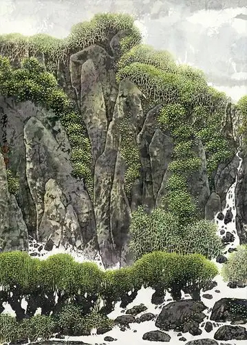 水墨画：文人书房一角，窗外竹影，案几上陈设笔墨纸砚